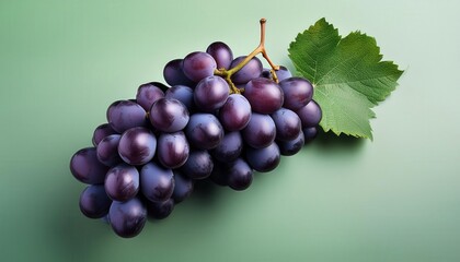 Fototapeta premium Close-up of Fresh Purple Grapes with Green Leaves on Pastel Background. Perfect for Vineyard Promotions, Organic Food Labels, or Wine Related Visuals
