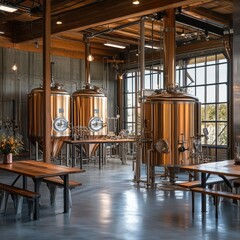 Fototapeta premium Industrial brewery setup, copper machinery, wooden furniture, handcrafted beer focus