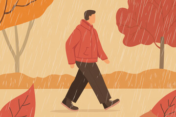 A man walks through a rainy autumn landscape with colorful leaves under grey skies in a serene setting