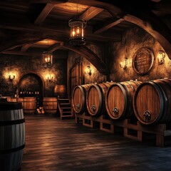 Wooden barrel storage, fermentation room, rustic brewery decor, warm lighting