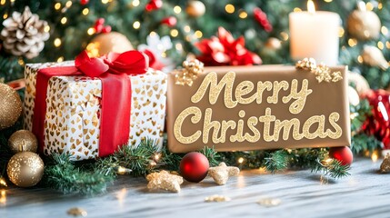 A beautifully decorated Christmas scene featuring a gift, a candle, and a "Merry Christmas" sign amidst festive greenery and ornaments.