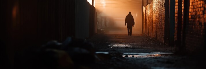Fototapeta premium A mysterious silhouette walks through a dimly lit alley, casting shadows on wet ground with golden-hued walls, evoking solitude and introspection in an urban setting.
