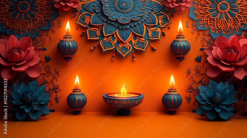 Poster bright cheerful diwali patterned vector with vivid rangoli designs and stylized lanterns set on a gr