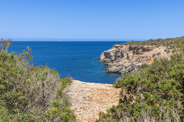Coastal view of a rocky cliff and clear blue waters in Ibiza, Spain, with lush vegetation in the foreground, under a bright and cloudless sky, showcasing the island natural beauty