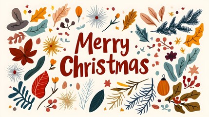 A vibrant, festive design featuring colorful foliage and a bold "Merry Christmas" greeting, perfect for holiday cards or decorations.