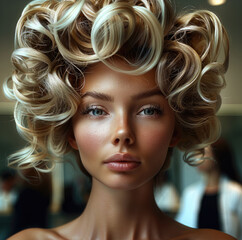 Naklejka premium Woman in beauty salon with wonderful mega hair.