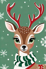 Uroczy rysunkowy renifer w szaliku zimowym, zielone tło, śnieżynki, wesoły nastrój i świąteczna grafika dla dzieci