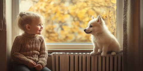A smiling girl and a small puppy sit by a window next to the heating radiator, surrounded by autumn leaves and soft warm light, both enjoying a moment of companionship..