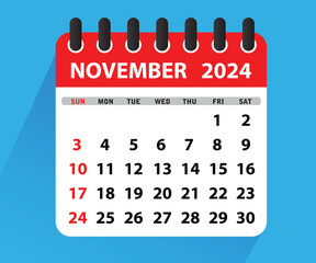 November 2024 Calendar Leaf. Calendar 2024 in flat style. November 2024 Calendar. Week starts on Sunday. Blank Calendar Template. Stationery Design. Vector Illustration