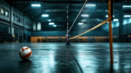 Indoor volleyball court with net and volleyball on polished floor, under dim lighting in a large sports hall.