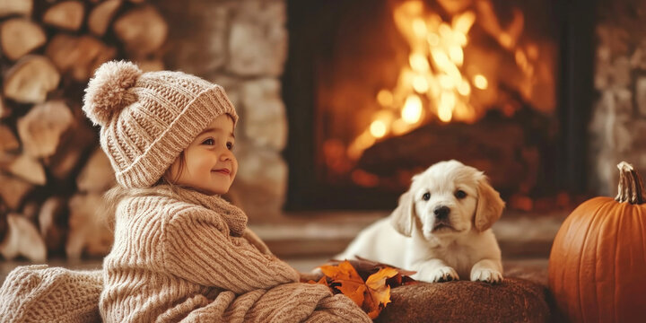 A young girl in a knitted hat sits by the fireplace with a puppy, surrounded by autumn leaves and a pumpkin, enjoying the warmth..