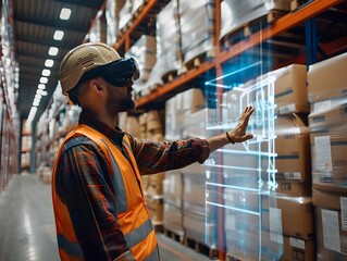 Futuristic Warehouse with Touchscreen Floor and AR Assisted Workers Managing Inventory and Logistics