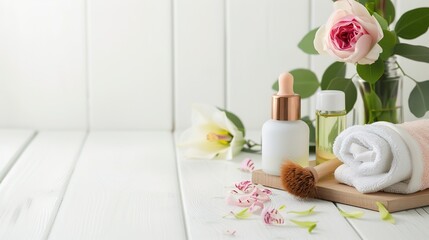 A serene spa setting with an aromatic theme featuring face creams incense and essential oils arranged on a white wooden table with room for additional image