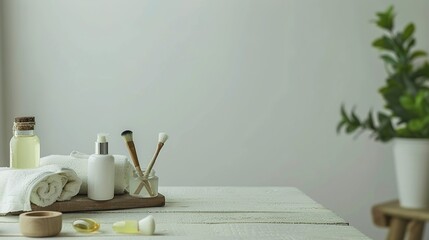A serene spa setting with an aromatic theme featuring face creams incense and essential oils arranged on a white wooden table with room for additional image