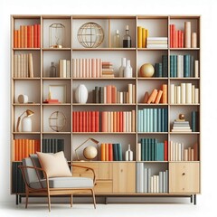 A 3D render of a bookshelf over the white wall filled with books and decorative items, showcasing a stylish design for a cozy home interior