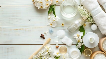 A serene spa setting with an aromatic theme featuring face creams incense and essential oils arranged on a white wooden table with room for additional image