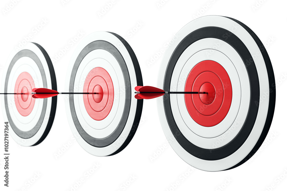 Poster Three archery targets with arrows hitting the bullseye, white background, accuracy concept. 3D Rendering