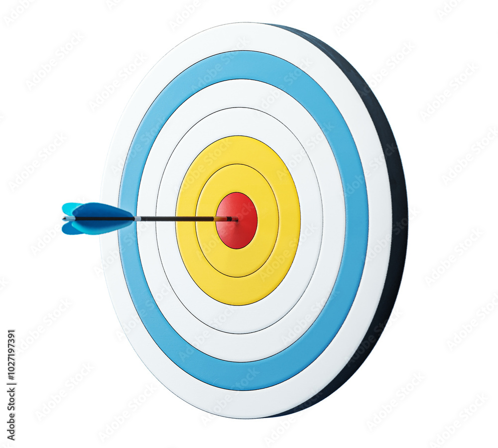 Poster archery target with arrow in bullseye on a white background. concept of accuracy. 3d rendering