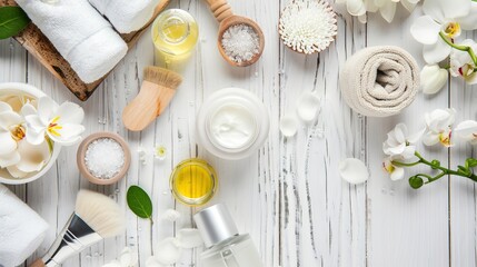 A serene spa setting with an aromatic theme featuring face creams incense and essential oils arranged on a white wooden table with room for additional image