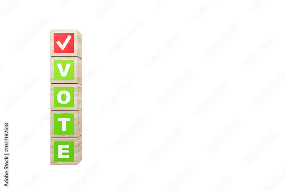 Aufkleber Wooden blocks with VOTE text, isolated on white background. Voting concept. 3D Rendering