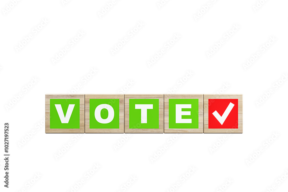Poster Wooden blocks spelling VOTE in green with a red checkmark, white background. 3D Rendering