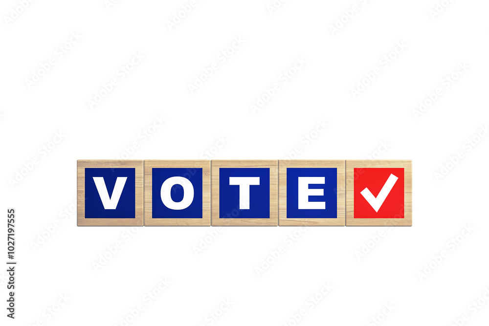 Poster Wooden blocks with word VOTE and checkmark symbol on white background, concept of voting or election. 3D Rendering.