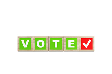 Obraz premium Wooden blocks spelling VOTE in green with a red checkmark, white background. 3D Rendering