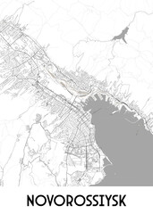 Obraz premium A detailed black and white map of Novorossiysk, a city in Russia, is presented. The map showcases the city's intricate street network, with roads and waterways