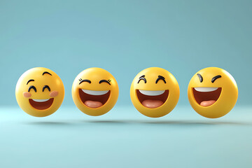 Four cheerful emoji faces with varying expressions on a light blue background.