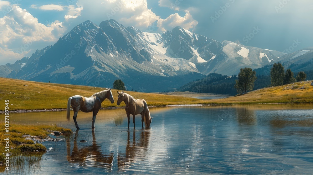 Poster horses on a lake with views of the mountains.