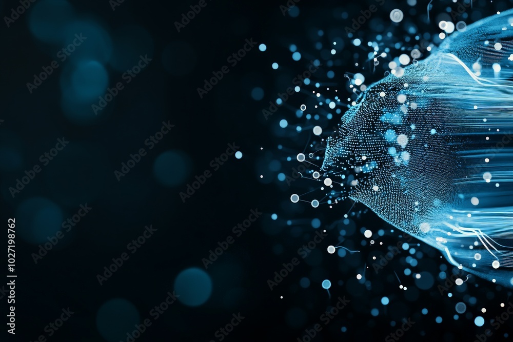 Poster dynamic abstract design depicting data flow with blue nodes and lines, symbolizing connectivity, com