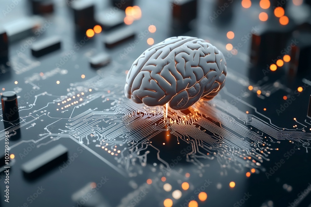 Poster a 3d representation of a human brain hovering amidst a complex microchip circuit system, symbolizing