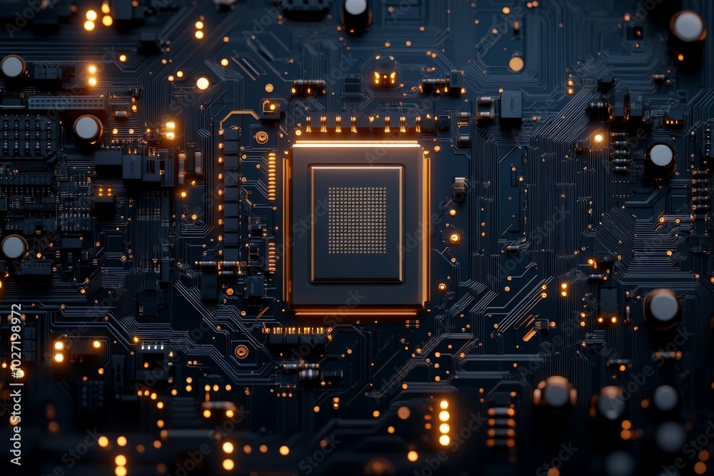 Poster a close-up image of a microprocessor chip embedded in a detailed electronic circuit board, highlight