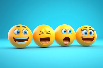 Obraz premium Four cheerful emoji faces displaying different emotions against a vibrant blue background.