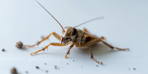 A detailed macro image captures a cricket insect, showcasing its intricate features and antennae, emphasizing the beauty and complexity of microscopic wildlife.