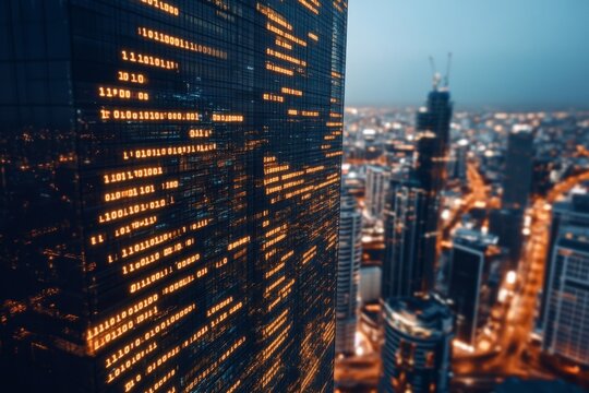 A cityscape at dusk featuring a glass skyscraper with glowing digital binary code, symbolizing modern technology and the digital age's impact on urban life.