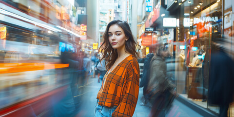 Headshot of the beautiful women on busy street with bokeh of full of people in background.