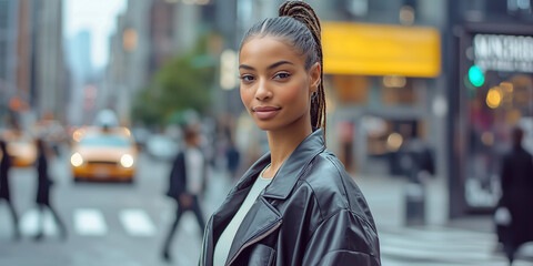Headshot of the beautiful women on busy street with bokeh of full of people in background.