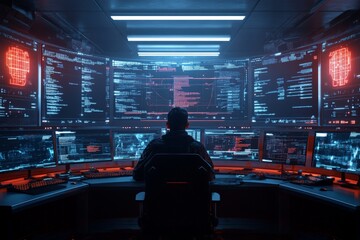 A technician is deeply engaged in a command center with multiple screens, operating systems, and data displays, showcasing expertise and high-tech working environment.