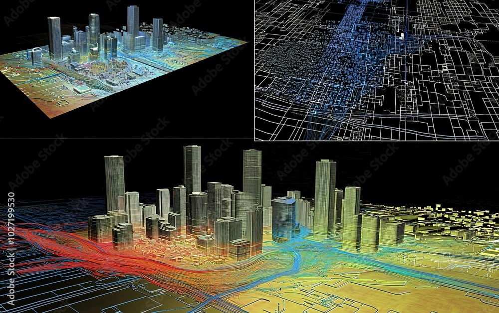 Poster visual representation of urban structures and traffic patterns in a digital map highlighting archite