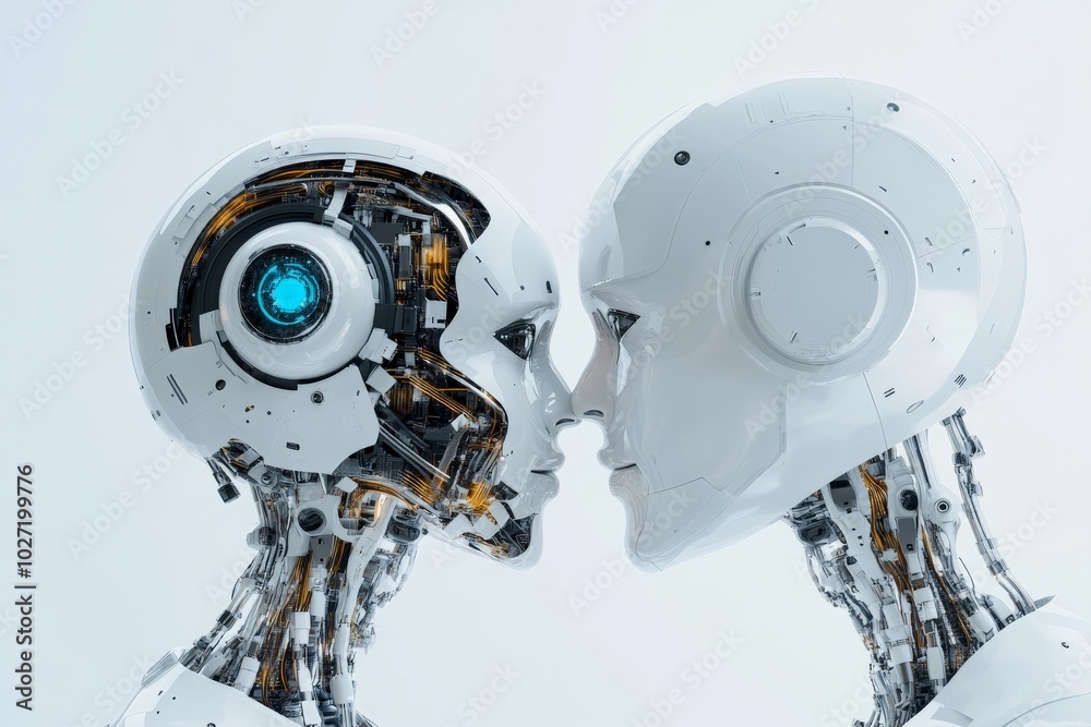 Poster A close-up image of two intricately designed futuristic robots facing each other, showcasing advanced artificial intelligence and humanoid features.