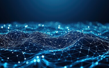 A digital abstract representation of interconnected blue nodes forming a wave-like structure in a dark environment