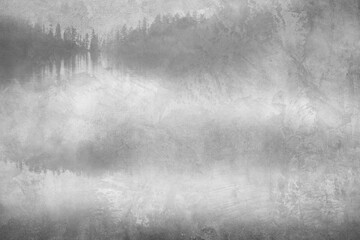 foggy morning in spruce forest on lake
