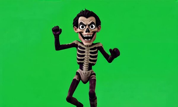 A 3D rendered cartoon skeleton in a purple suit is dancing against a green screen.