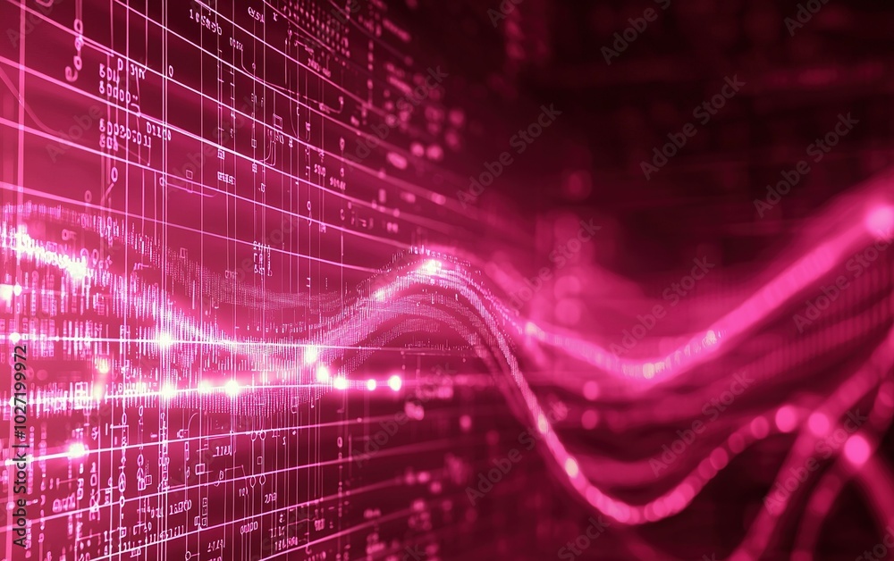 Poster abstract representation of data visualization with pink waves and digital patterns in a futuristic s