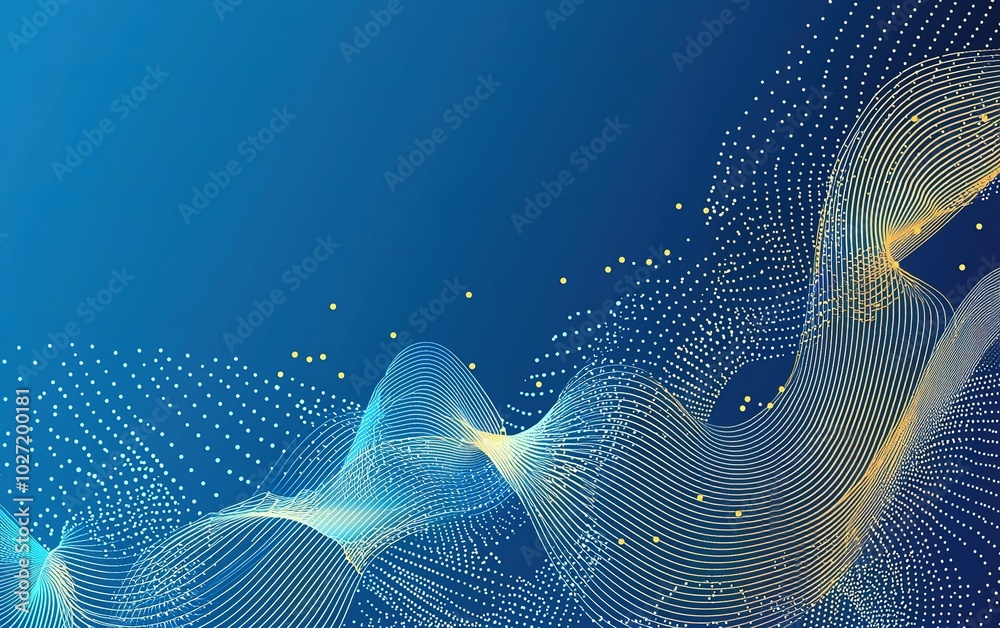 Poster abstract wave patterns in blue background showcasing flowing lines and illuminated dots in a digital