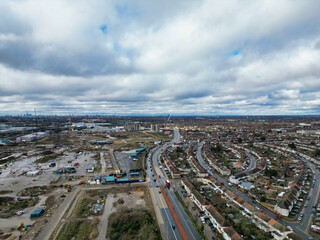 Fototapeta premium Aerial View of Dagenham City East London. The Capital London City of England Great Britain. High Angle Footage was Captured with Drone's Camera on March 2nd, 2024