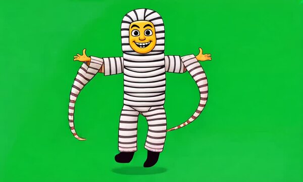 A cartoon character dressed in a striped mummy costume with a big smile, isolated on a green background.