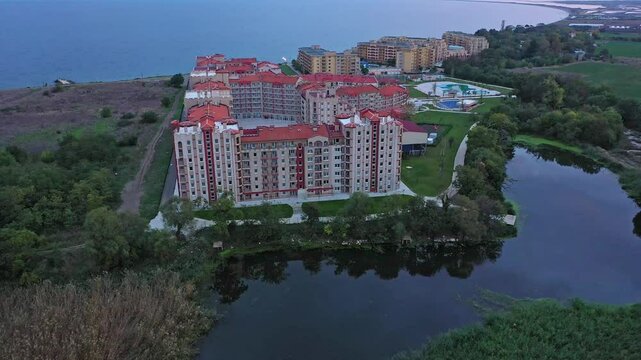 Aerial view to hotel complex on the Black Sea near a river. Aheloy, Burgas, Bulgaria