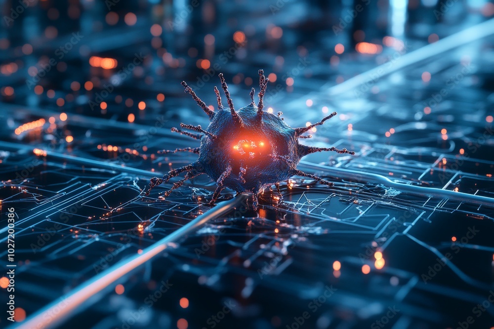 Poster intricate abstract rendering of a futuristic neural network, glowing amidst a complex digital interf